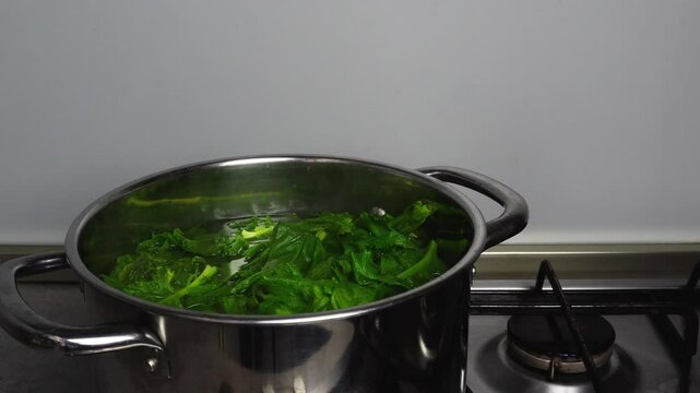 Turnip greens are being boiled together in a stainless steel pot on a gas stove following the traditional recipe of orecchiette con le cime di rape, an italian traditional dish