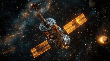 Naklejka premium A space telescope observing the cosmos with solar panels deployed.