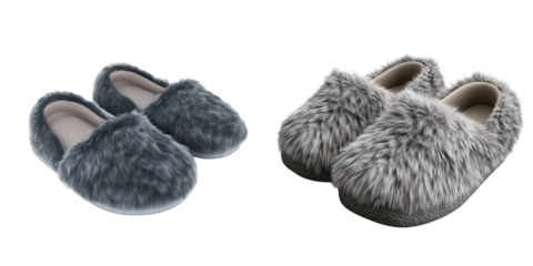  Set of a Furry slippers, gray in color, isolated on transparent background.