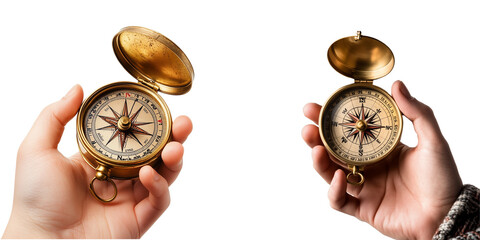  Set of a open brass compass, isolated on transparent background. 