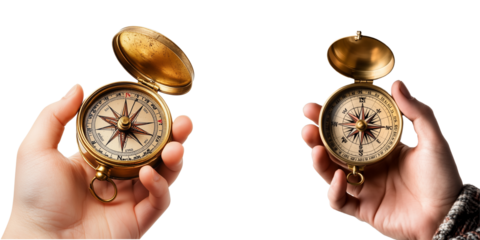  Set of a open brass compass, isolated on transparent background. 