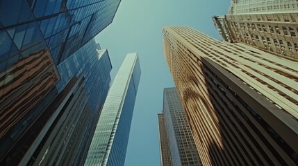 Low-angle view of skyscrapers against a clear blue sky.