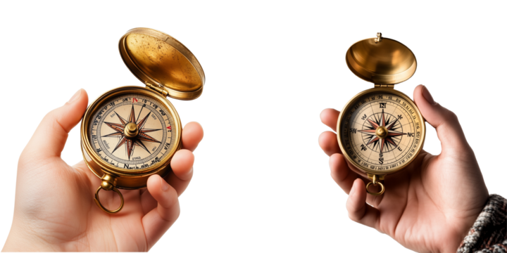  Set of a open brass compass, isolated on transparent background. 