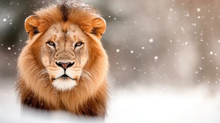 Fototapeta premium A majestic lion stands with its snow-dusted mane, fully embracing the winter scene, showcasing regal charm and power in a serene snow-covered landscape.