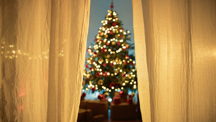 Christmas Tree Seen From Behind The Window Curtain Of A House