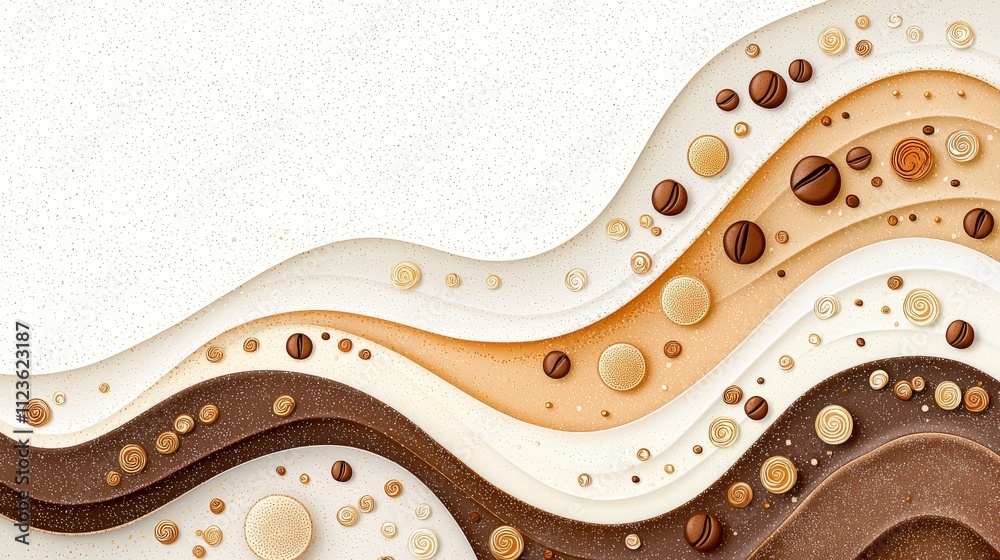 Poster abstract art featuring flowing waves of brown and beige tones with circular shapes, creating a dynam