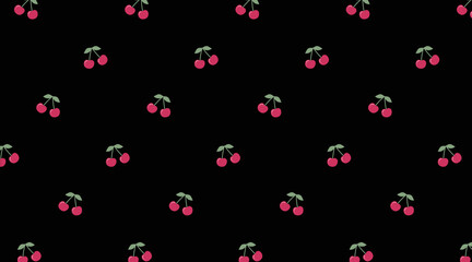 Pattern with cherries on a black background. Red cherry and green leaves on a light background. Seamless vector print. Suitable for fabric, paper gift,  wrapping, textile, wallpaper, card, phone case.