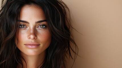 Fototapeta premium A serene portrait captures a freckled woman exuding natural beauty, with a calm expression and softly tousled hair, set against a neutral background.