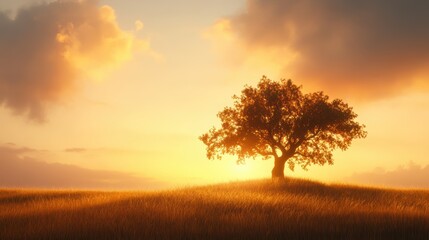 Obraz premium A solitary tree stands against a golden sunset, illuminating a tranquil landscape, Perfect for nature-themed projects, relaxation, or inspirational content,