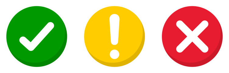 Set of round check mark, exclamation point, x mark vector icons with shadow isolated. Check mark, exclamation point, cross mark icon set with green, yellow and red color. Vector illustration. © Munnacreativehub