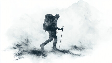 Fototapeta premium A lone hiker treks through dense fog, searching for answers hidden in the mist.
