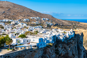View of Chora village on high cliff above sea, Folegandros island, Cyclades, Greece