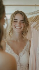 Fototapeta premium Brides and Bridesmaids Having Fun Choosing Wedding Dresses At Bridal Boutique