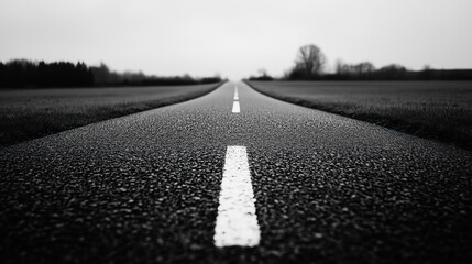 Black and white photo of a long, straight road vanishing into the distance.