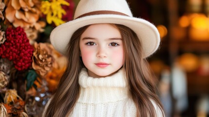 A young girl with long hair, wearing a cozy sweater and a stylish hat, poses against a backdrop of autumn foliage, perfect for autumn-themed projects, children's fashion, or lifestyle branding,