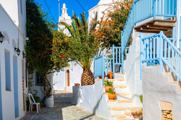 Narrow alley with typical traditional Greek houses on street of Chora village, Folegandros island,...