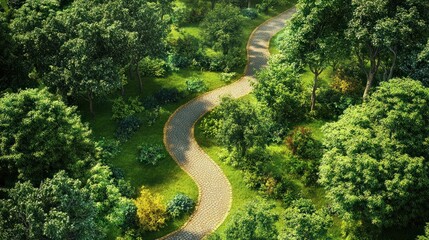 Bird's eye perspective of a verdant woodland with a serpentine path, highlighting the splendor of nature and sustainable principles through an esg approach