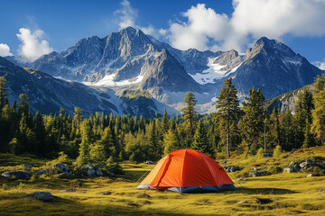 Bright Tent with Mountains and Trees in Background, Professional Photography of Outdoor Adventure and Nature Scene

