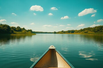 Obraz premium A canoe is floating on a lake with a clear blue sky above