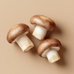 Three mushrooms are displayed on a tan background