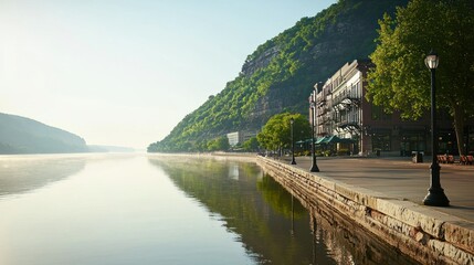 Fototapeta premium Serene riverside view with lush hills and architecture.