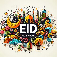 Fototapeta premium Eid Mubarak Colorful Festive Doodle Illustration
