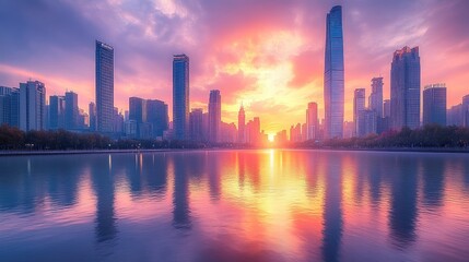 Fototapeta premium Stunning sunset over a city skyline reflected in water.