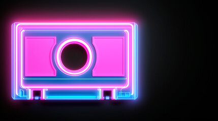 Neon retro cassette tape glowing in vibrant colors on black background, symbolizing nostalgia, music, and retro vibes in a futuristic design concept.