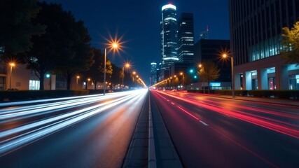 Naklejka premium Light trails at night in an urban environment