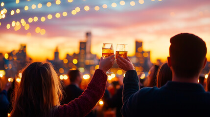 Fototapeta premium College Graduation Party on Rooftop with City Skyline