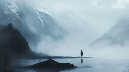 A lone traveler pauses at the edge of a fog-covered lake, contemplating the stillness of the moment.