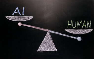 abstraction of balance between artificial intelligence AI and people. on the scales are the inscriptions HUMAN and AI . HUMAN outweighs AI , HUMAN is more important than AI