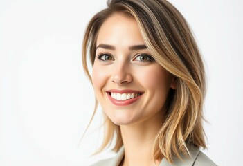 Naklejka premium A warm and inviting half-length portrait of a 30-year-old woman with a smiling expression.