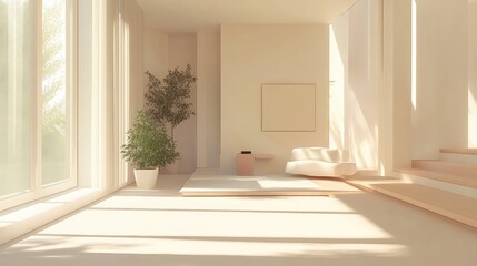 Sunlit minimalist living room with plant, seating, and stairs.