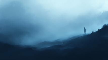 Fototapeta premium A lone wanderer reflects on life while standing in a dense fog, seeking clarity in the mist.