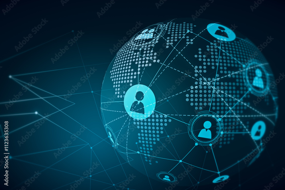 Poster Personal data and people connection concept with digital graphic user icons connected by lines on dotted world map globe on abstract dark blue background. 3D rendering