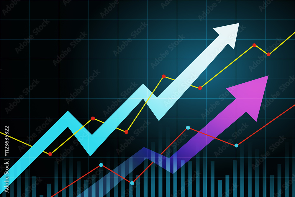 Poster business and economy growth concept with raising up digital arrows above financial chart graphs on d