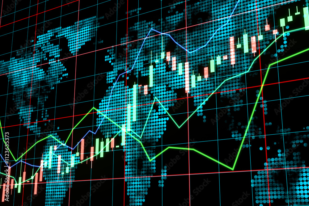 Poster Global market analytics concept with bight digital financial chart graphs and diagram on dark background with world map. 3D rendering