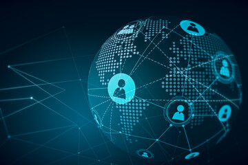 Personal data and people connection concept with digital graphic user icons connected by lines on dotted world map globe on abstract dark blue background. 3D rendering