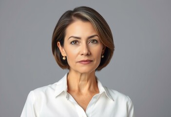 Half-length portrait of a 50-year-old woman with a neutral expression