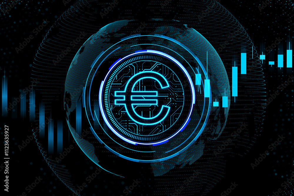 Poster Money exchange, finance and digital currency concept with blue euro symbol in a circle on abstract background with financial chart candlestick. 3D rendering