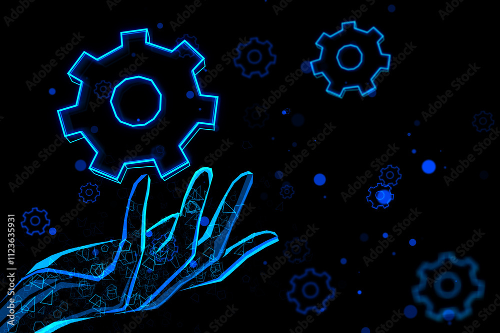 Poster Automation software concept with digital blue robotic hand and neon gears on dark background. 3D rendering