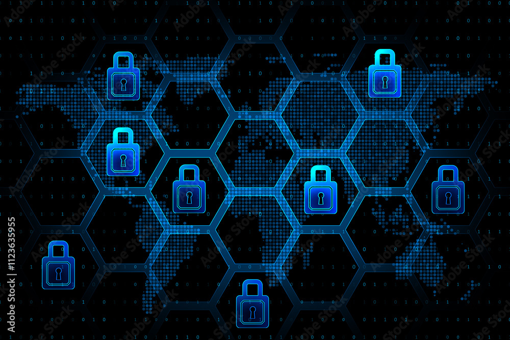 Fototapete Global net security and blockchain network concept with digital blue padlocks in hexagonal grid on dark background with coding numbers and world map. 3D rendering