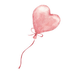 Heart shaped pink air Balloon. Hand drawn Watercolor festive illustration. Decorative element for Valentines Day or Wedding designs. For card, invitations and prints.