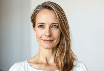Naklejka premium A half-length portrait of a woman with a neutral expression and a subtle hint of warmth in her eyes, set against a clean and minimalist background.