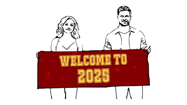 Welcome to 2025 Animation Digital banner With Girl and Boy