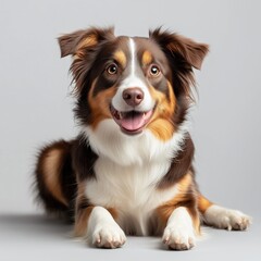 Fototapeta premium Happy Australian Shepherd dog lying down on gray background.