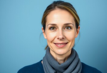 A half-length portrait of a 35-year-old female with a calm and serene expression
