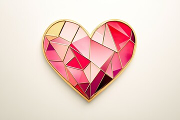 A geometric heart design with shades of pink, red, and gold