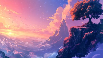 Fototapeta premium Ethereal sunset landscape crafted with generative AI, featuring radiant hues, soft clouds, and a tranquil horizon blending realism and dreamlike charm